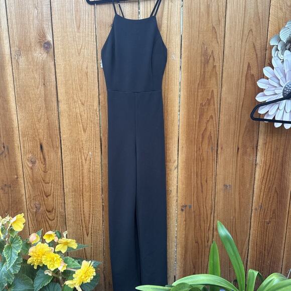 Lush Pants - Black Cross Cross Spaghetti Strap Wide Leg Women's Jumpsuit Size S Y2K Club